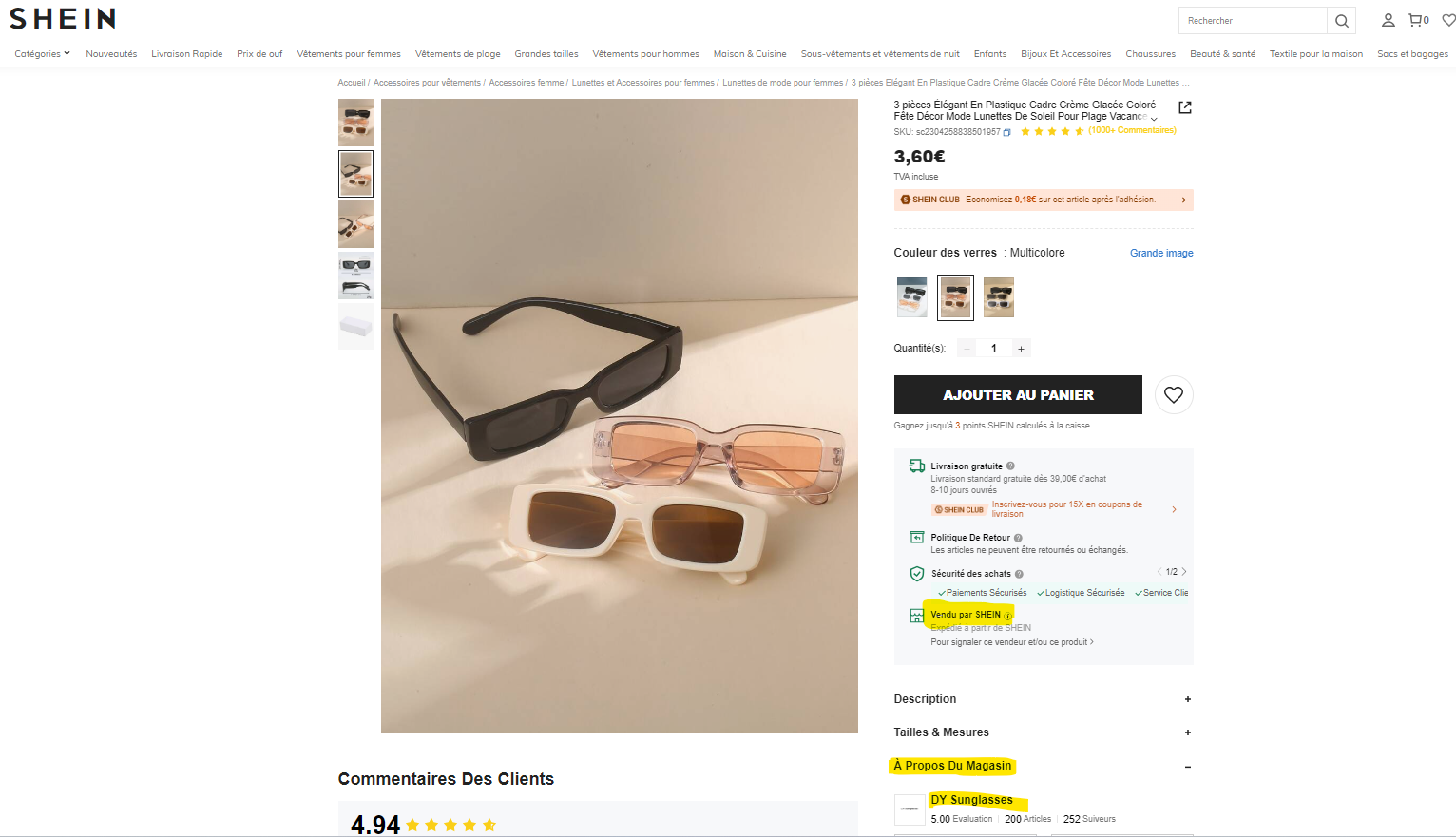 Shein informations manquantes vente lunettes